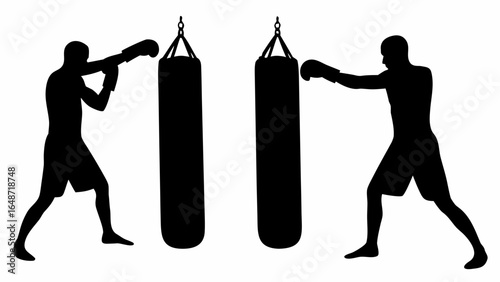 Two boxers in silhouette training with punching bags in a gym setting for boxing practice and exercise | editable eps vectors