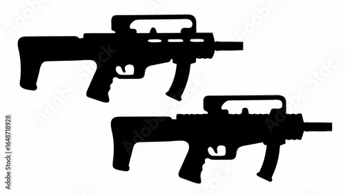 Silhouette depiction showcasing two identical assault rifles positioned one above the other in a stark black color | editable eps vectors