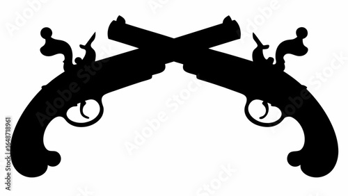 Silhouette depiction of two crossed flintlock pistols, antique firearms in a classic design style | editable eps vectors