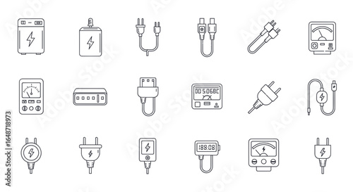 A set of line art icons representing various electrical components, power sources, and testing equipment.