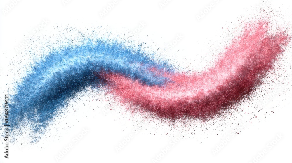 Fototapeta premium Abstract swirls of blue and pink powder creating a dynamic motion effect against a white background