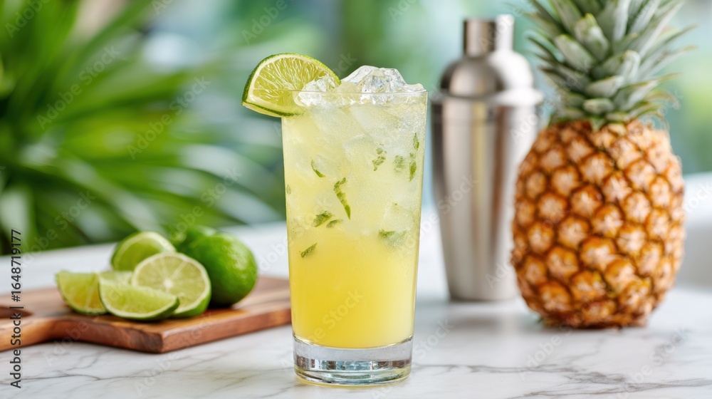 Fototapeta premium Refreshing Tropical Cocktail with Pineapple and Lime Garnish Served in a Glass with Ice on a Marble Surface Surrounded by Fresh Fruits