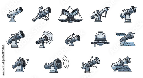 Collection of Various Stylized Telescopes for Astronomical Observation and Research