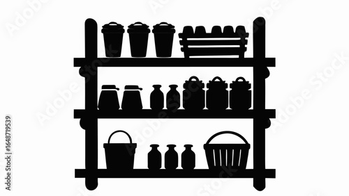 Silhouette of a three tiered shelf filled with containers jars and baskets in a pantry setting view | editable eps vectors