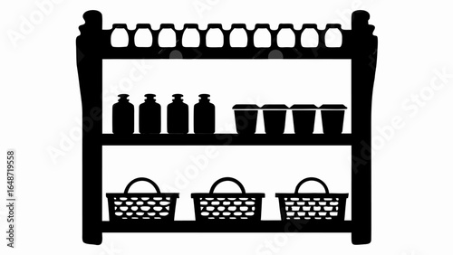 Silhouette of a three tiered shelf with jars cups and baskets in a simple black and white design style | editable eps vectors