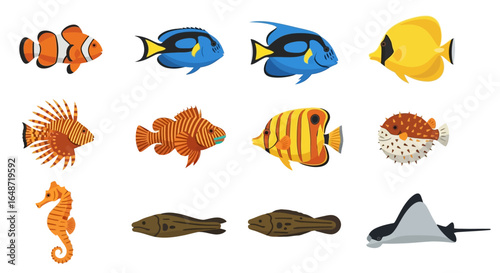 Colorful Cartoon Illustration of Various Tropical Fish and a Stingray