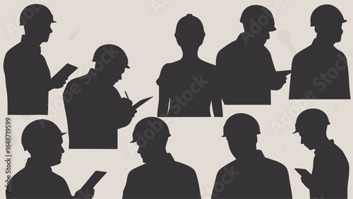 Silhouette figures of construction workers and an individual in various poses and activities shown | editable eps vectors