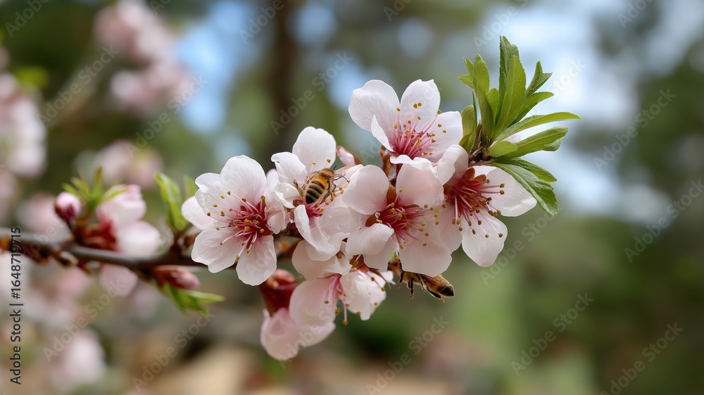 Obraz premium Bees are busy pollinating vibrant pink cherry blossoms in a beautiful garden during spring.