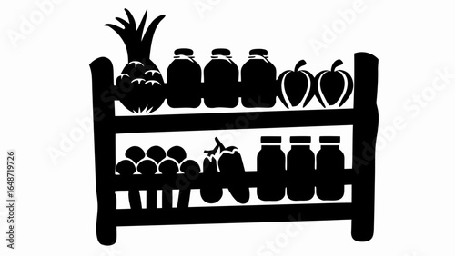 Silhouette illustration of a two tiered shelf stocked with fruits and vegetables and canned goods inside | editable eps vectors