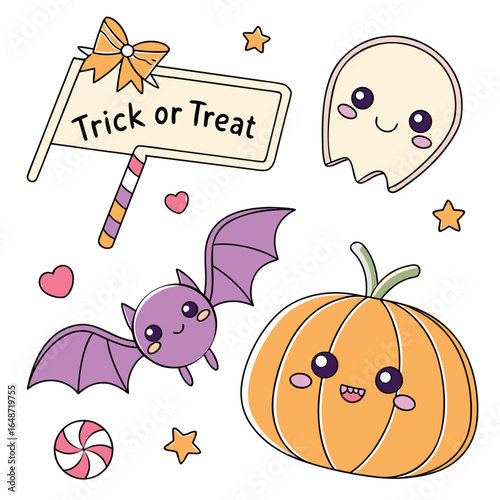 Charming halloween kawaii sticker set featuring adorable pumpkins and friendly ghosts in vibrant cmyk colors with classic font support