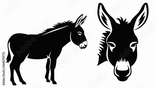 Illustration of a black donkey standing in profile next to a donkey head facing forward in black and white | editable eps vectors
