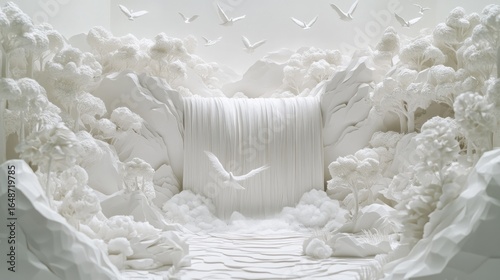 White waterfall cascade with birds flying. Serene scene of a sculptured landscape
