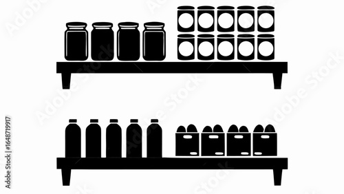 Shelves stocked with jars cans bottles and containers in a black and white minimalist illustration style | editable eps vectors