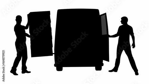 Two silhouetted figures loading boxes into a van with an open door on a white background scene view | editable eps vectors