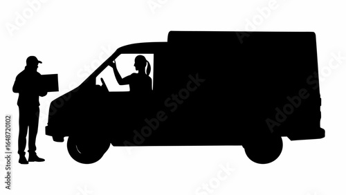 Silhouette of delivery man handing package to woman in van with large cargo area on a white background | editable eps vectors