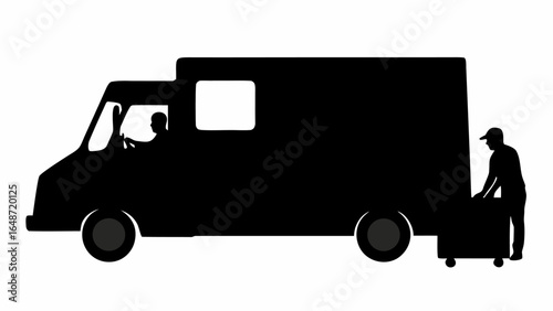 Silhouette of delivery truck with driver and worker loading package on white background isolated image | editable eps vectors