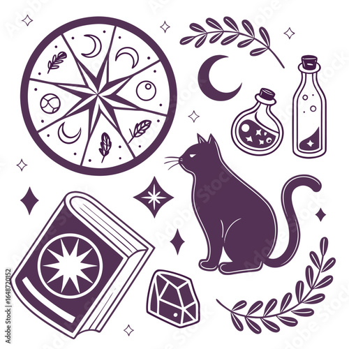 Mystical witchy icon sticker pack featuring crystals and spell elements in vibrant cmyk colors with classic font accents