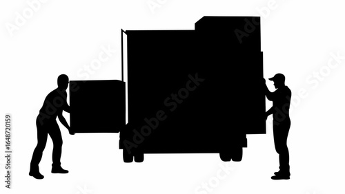 Silhouette of two workers loading boxes onto a truck for relocation and delivery services in monochrome | editable eps vectors