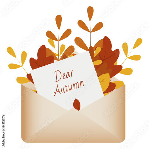 Vector illustration of envelope with text "Dear Autumn" decorated with colorful autumn leaves and branches on white background.