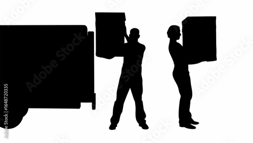 Silhouette of two individuals unloading boxes from a truck in a monochromatic black and white scene | editable eps vectors
