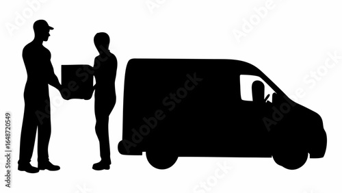 Silhouette of delivery men exchanging a package next to a delivery van on a white background scene | editable eps vectors