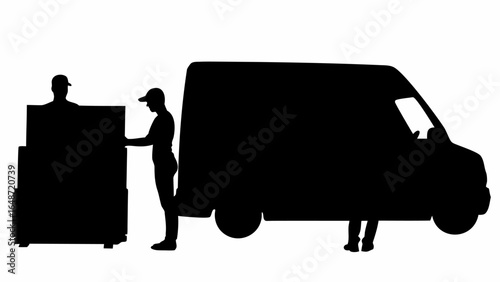 Silhouette of movers loading boxes onto a delivery van for transportation and relocation service needs today | editable eps vectors