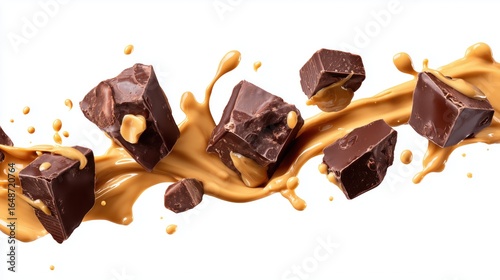 flying pieces of chocolate with peanut butter splashes isolated on white background