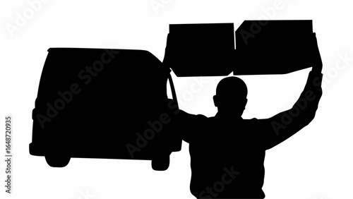 Silhouette of a van and a person holding two signs in the air in a black and white illustration style | editable eps vectors