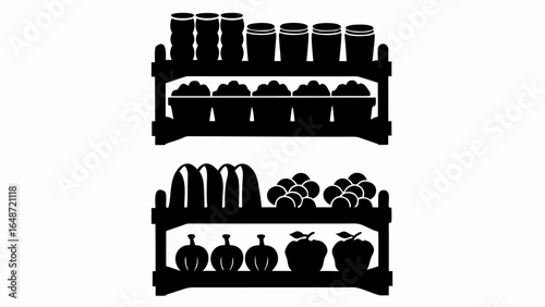 Black silhouette of two tiered market stand filled with various produce and preserved goods displayed neatly | editable eps vectors