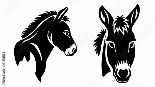 Illustration of two donkey heads in black and white one in profile and one facing forward in vector format | editable eps vectors