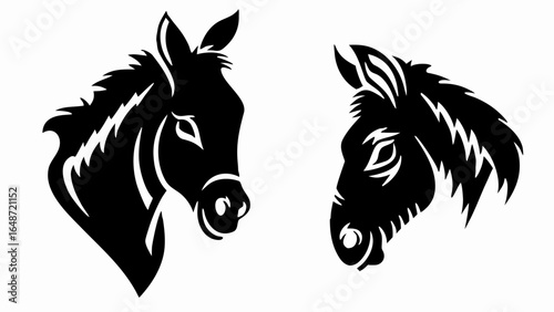 Two black silhouette donkey heads facing different directions on a white background design vector art | editable eps vectors