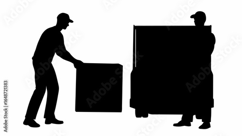 Silhouette of two movers carrying boxes and furniture in a monochrome image with white background | editable eps vectors