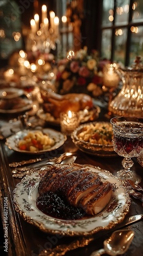  Experience an elegant holiday dinner scene featuring a beautifully set table, warm candlelight, and gourmet dishes, perfect for festive celebrations with loved ones.