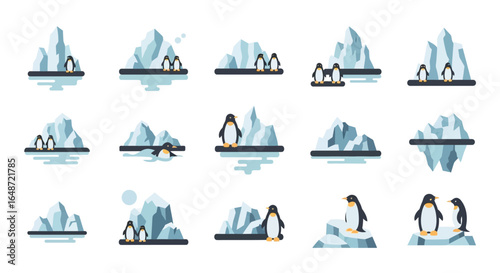 Flat Design Penguins on Icebergs in Various Poses and Arrangements