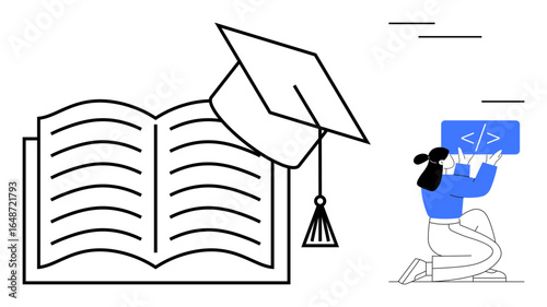 Open book with graduation cap symbolizing learning, person holding coding tablet representing digital skills. Ideal for education, e-learning, coding bootcamps, academic success, online courses, tech