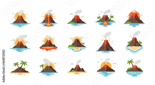 Flat Design Volcanoes with Islands and Lava Flow Illustrations