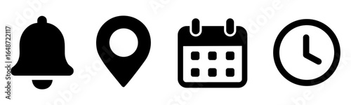Location, time, calendar and notification bell icons set. Flat vector illustrations of pin, date, clock and bell