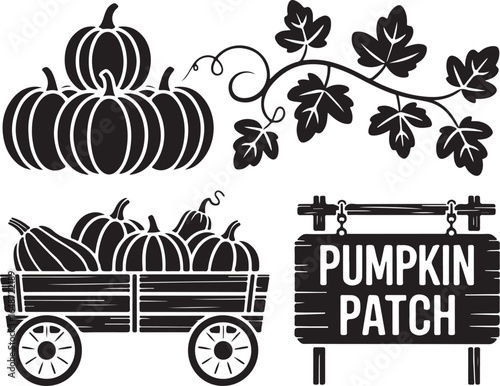 Visit pumpkin patch sign with pumpkins vine and wooden wagon