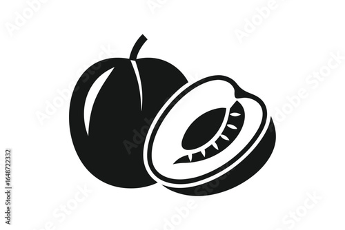 Silhouette of a Whole Peach and Halved Peach on White Background