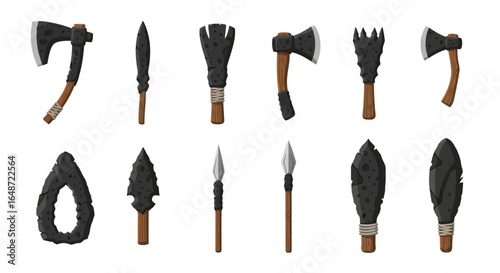 Illustrated set of primitive stone age weapons, featuring axes, spears, and knives with wooden handles and rope bindings.