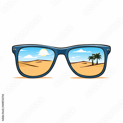Desert landscape is reflected in the sunglasses lenses at daytime