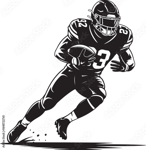 Dynamic running back sprints with football, power and speed