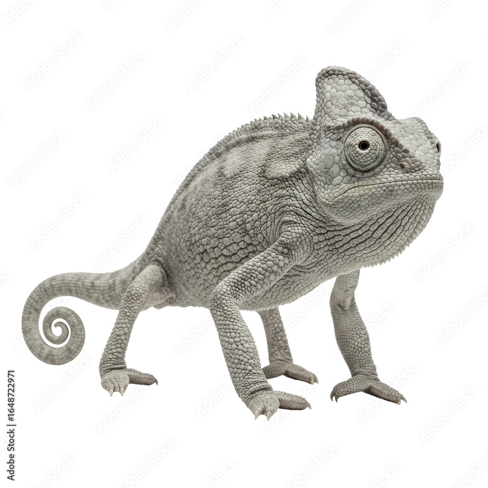 Obraz premium Adult grey chameleon with detailed scales and neutral gaze, standing still against a transparent background with soft studio lighting, showcasing unique biological characteristics in a commercial shot
