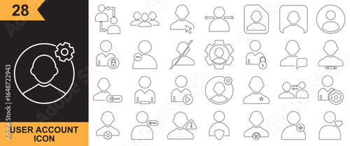 User profile and account management icons . Collection of 28 black silhouette icons representing user profiles, account settings, privacy, security, login, logout, and social interactions.