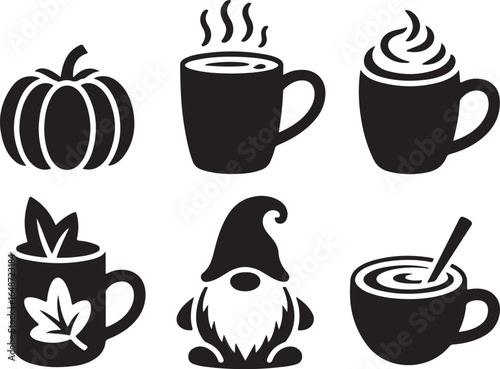 Fall festive beverage icons pumpkin spice latte and autumn gnome