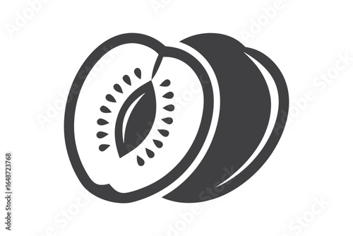 Peach Silhouette Icon, Halved Fruit with Seed, Simplistic Glyph on White Background