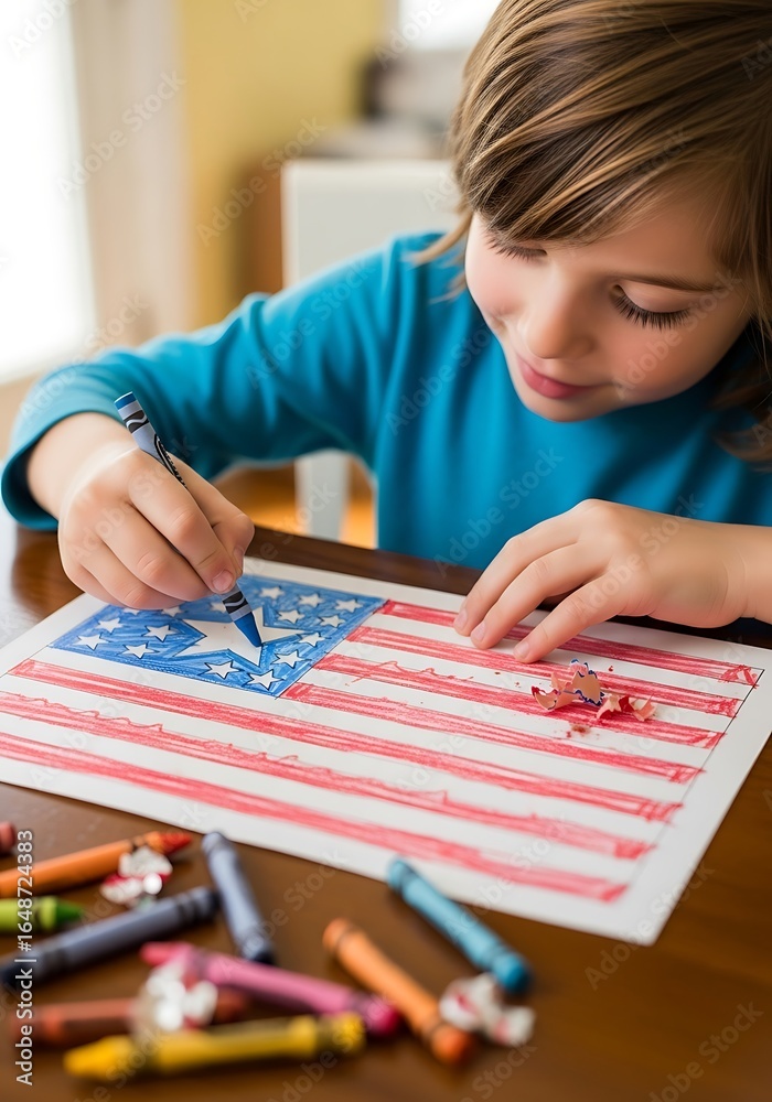 Fototapeta premium Young artist passionately creating patriotic art with crayons on paper at home happily