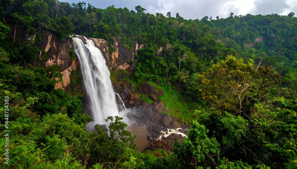 Obraz premium Lush Rainforest Waterfall Cascading Down Rocky Cliffs
