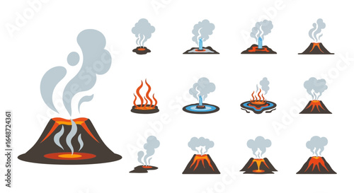 Stylized Volcano and Geothermal Activity Icons with Smoke and Lava
