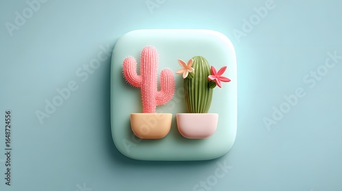 Two stylized cacti in pots, rendered in pastel colors.